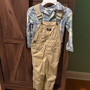 OshKosh B'gosh Beige Overalls with Blue Plaid Shirt Size 5T